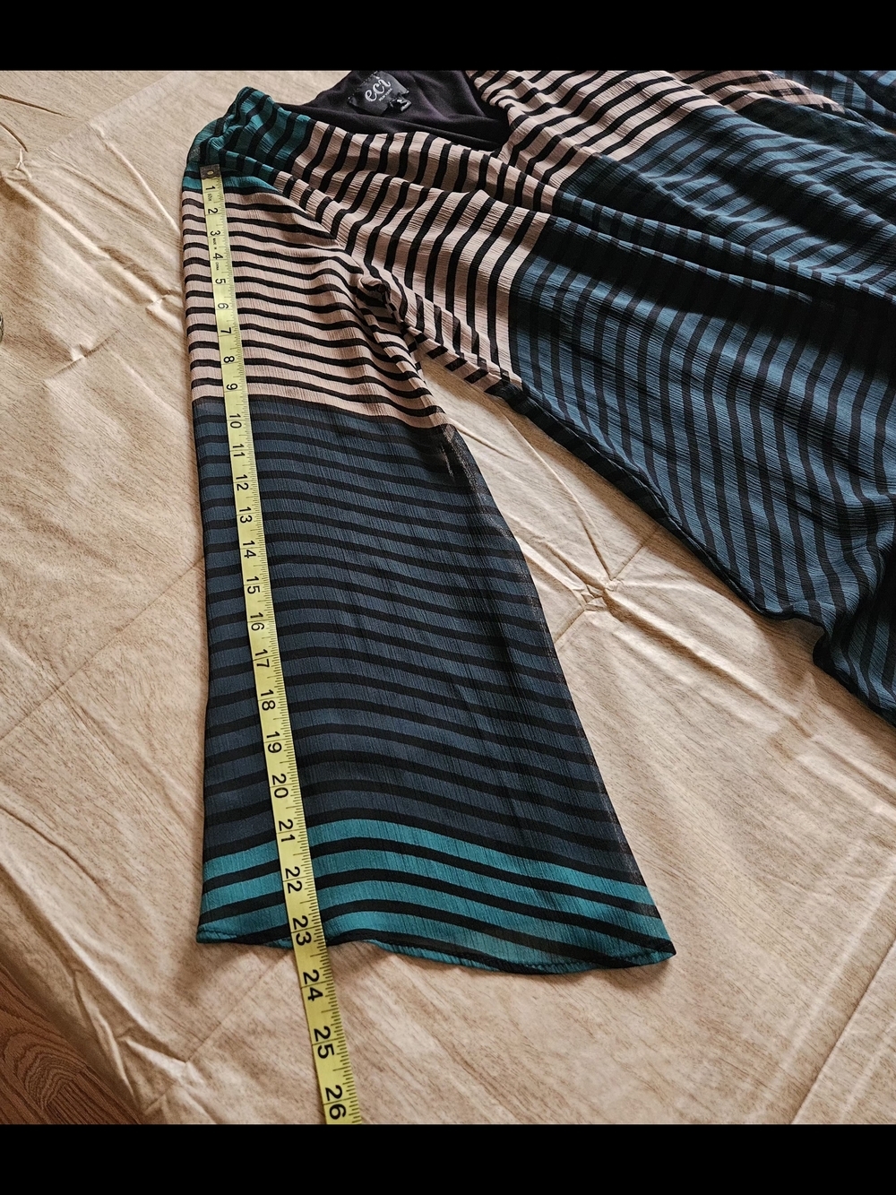 ECI New York Shift Dress Size 8 Striped V-Neck Bell Sleeve Sheer Overlay Teal - Picture 13 of 15